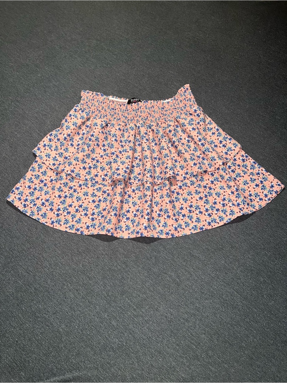 by & by Peach Skirt with Blue Floral Print